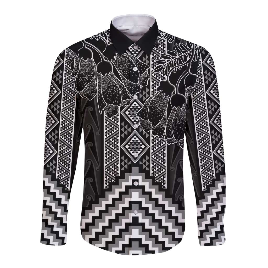 Aotearoa Taniko Pattern Long Sleeve Button Shirt Poutama Mix Kowhai Flowers LT7 Unisex Grey - Polynesian Pride
