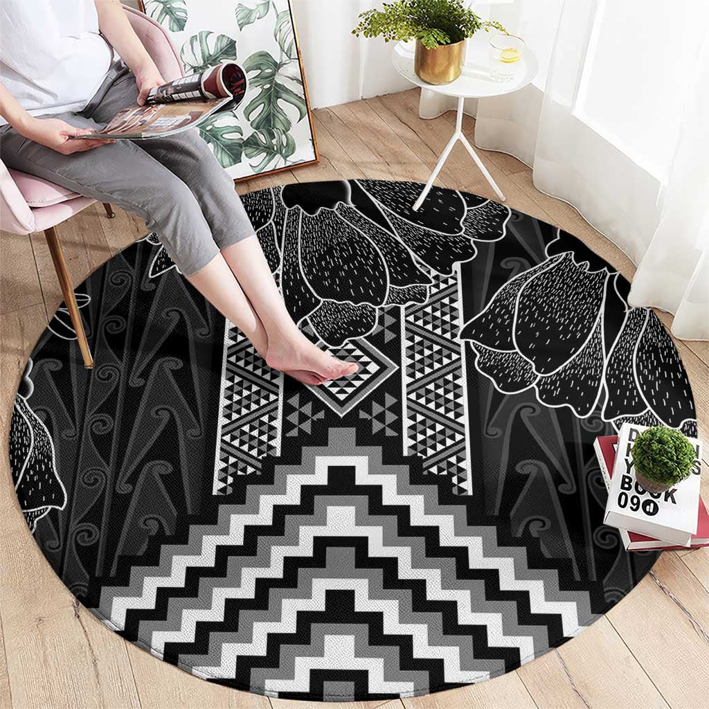 Aotearoa Taniko Pattern Round Carpet Poutama Mix Kowhai Flowers