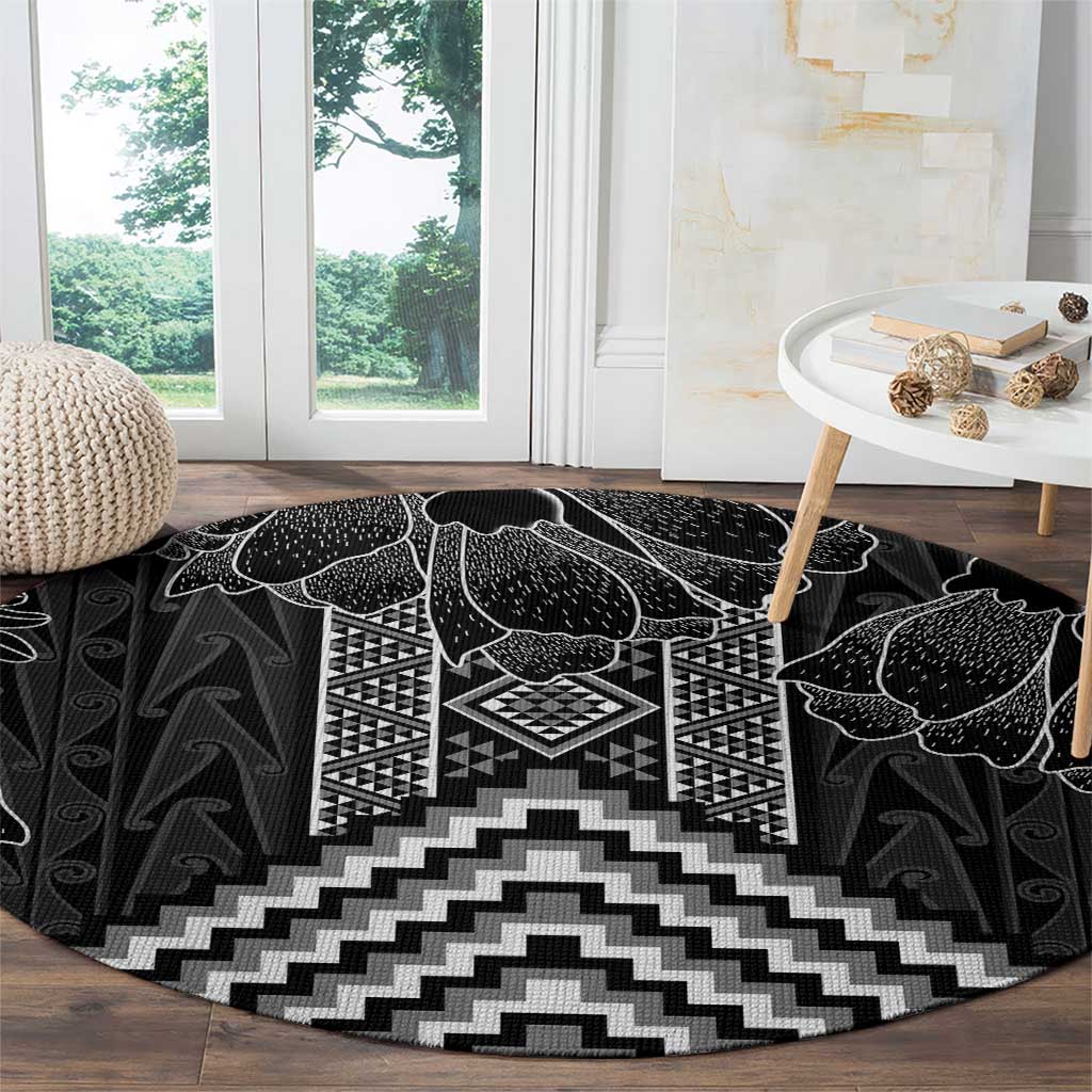Aotearoa Taniko Pattern Round Carpet Poutama Mix Kowhai Flowers
