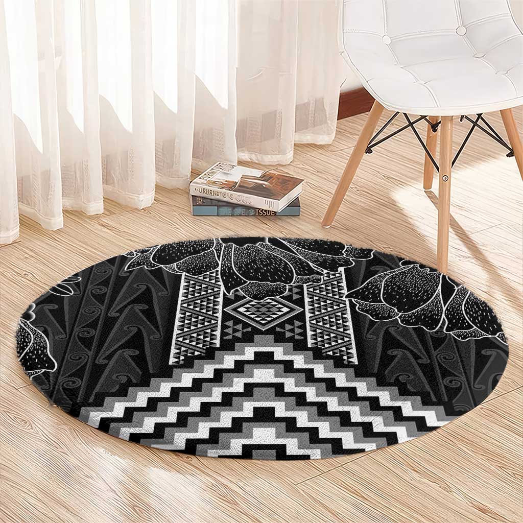 Aotearoa Taniko Pattern Round Carpet Poutama Mix Kowhai Flowers