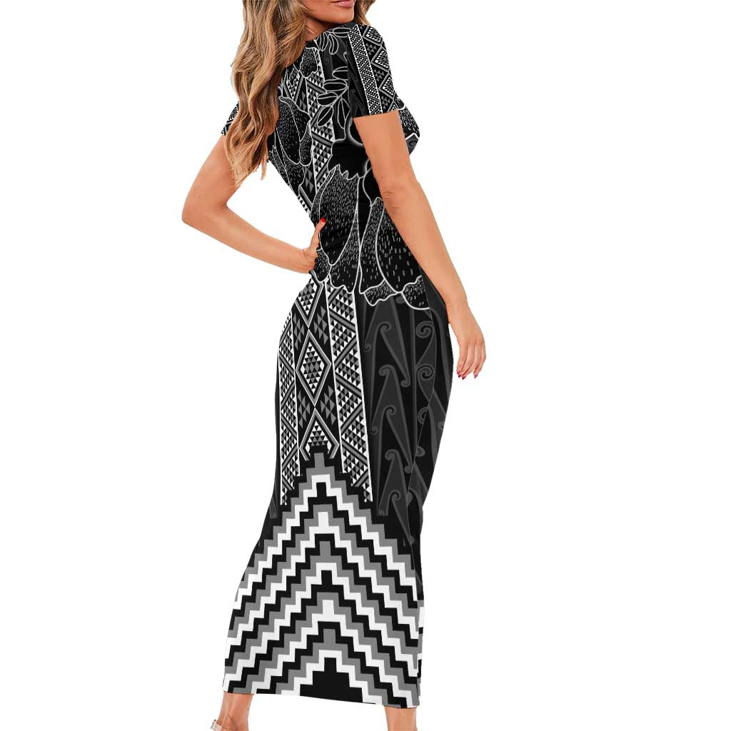 Aotearoa Taniko Pattern Short Sleeve Bodycon Dress Poutama Mix Kowhai Flowers