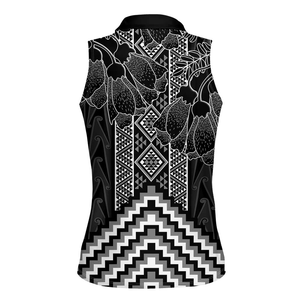 Aotearoa Taniko Pattern Women Sleeveless Polo Shirt Poutama Mix Kowhai Flowers LT7 - Polynesian Pride