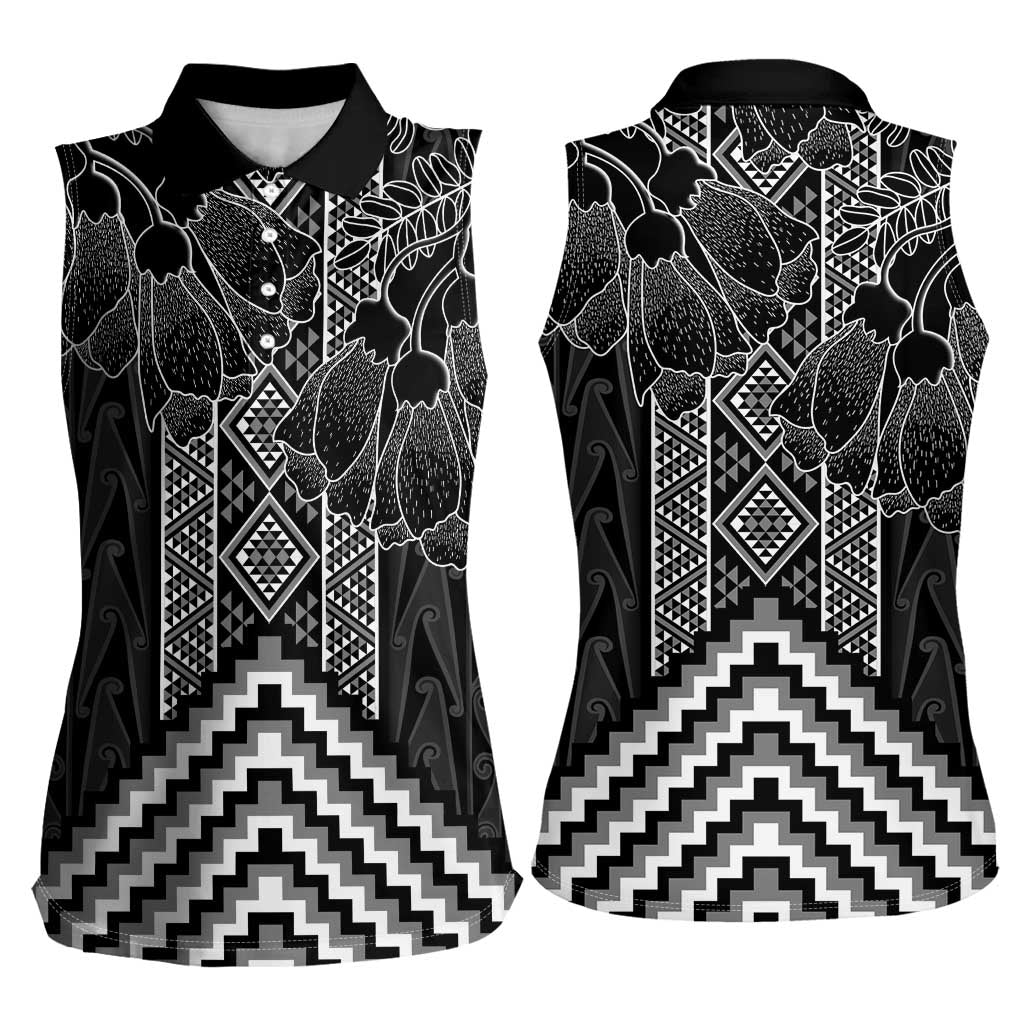 Aotearoa Taniko Pattern Women Sleeveless Polo Shirt Poutama Mix Kowhai Flowers LT7 - Polynesian Pride