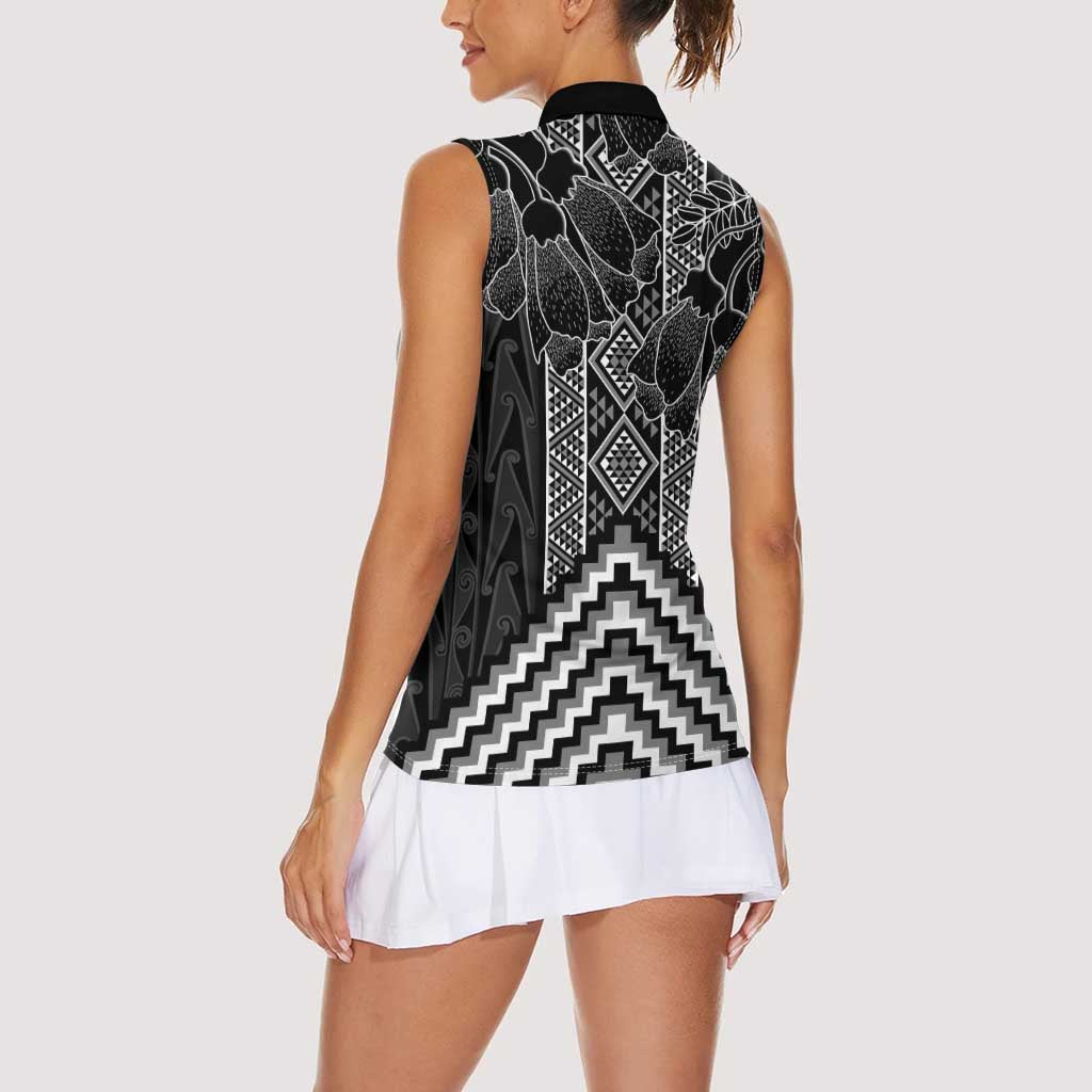 Aotearoa Taniko Pattern Women Sleeveless Polo Shirt Poutama Mix Kowhai Flowers LT7 - Polynesian Pride