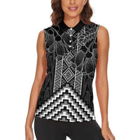 Aotearoa Taniko Pattern Women Sleeveless Polo Shirt Poutama Mix Kowhai Flowers LT7 - Polynesian Pride