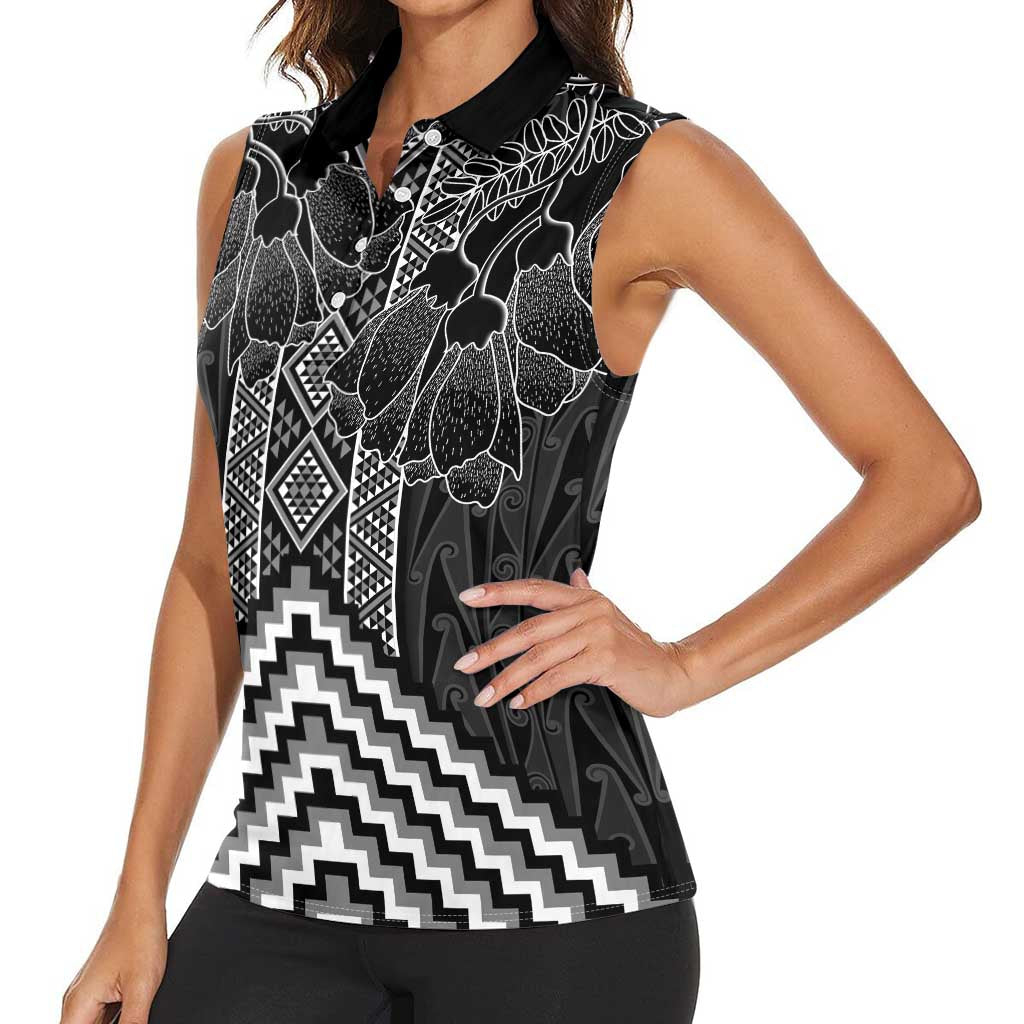 Aotearoa Taniko Pattern Women Sleeveless Polo Shirt Poutama Mix Kowhai Flowers LT7 - Polynesian Pride