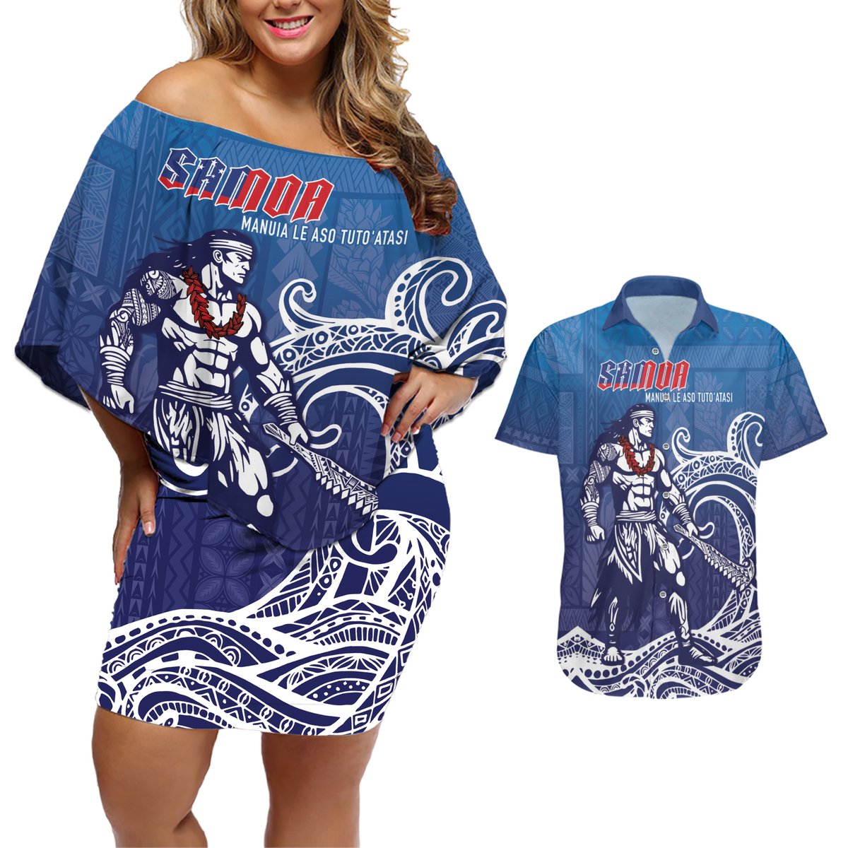Samoa Manuia le Aso Tuto'atasi Siapo Motif Couples Matching Off Shoulder Short Dress and Hawaiian Shirt Warrior with Nifo Oti LT7 Blue - Polynesian Pride