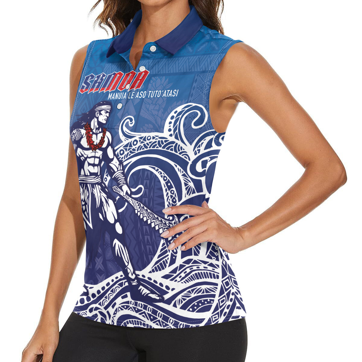 Samoa Manuia le Aso Tuto'atasi Siapo Motif Women Sleeveless Polo Shirt Warrior with Nifo Oti