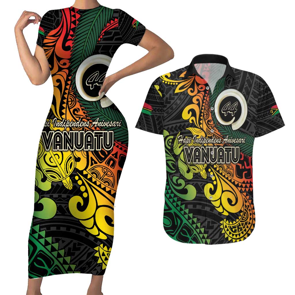 Vanuatu 44 Yia Indipendens Anivesari Couples Matching Short Sleeve Bodycon Dress and Hawaiian Shirt Curve Style