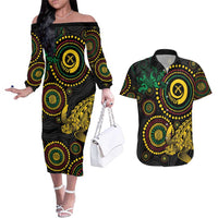 Vanuatu Personalized Aboriginal Arts Couples Matching Off The Shoulder Long Sleeve Dress and Hawaiian Shirt Turtle and Iguana Special - Polynesian Pride