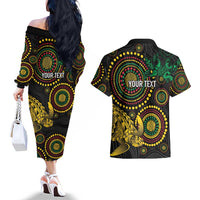 Vanuatu Personalized Aboriginal Arts Couples Matching Off The Shoulder Long Sleeve Dress and Hawaiian Shirt Turtle and Iguana Special - Polynesian Pride
