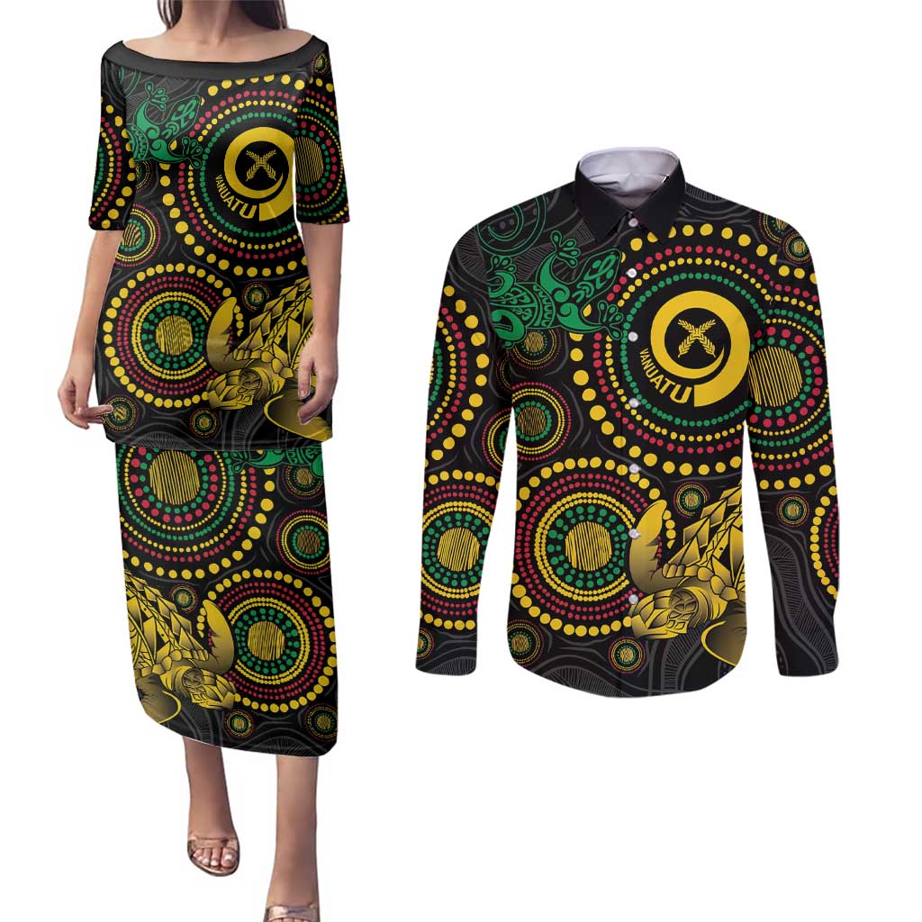 Vanuatu Personalized Aboriginal Arts Couples Matching Puletasi and Long Sleeve Button Shirt Turtle and Iguana Special - Polynesian Pride