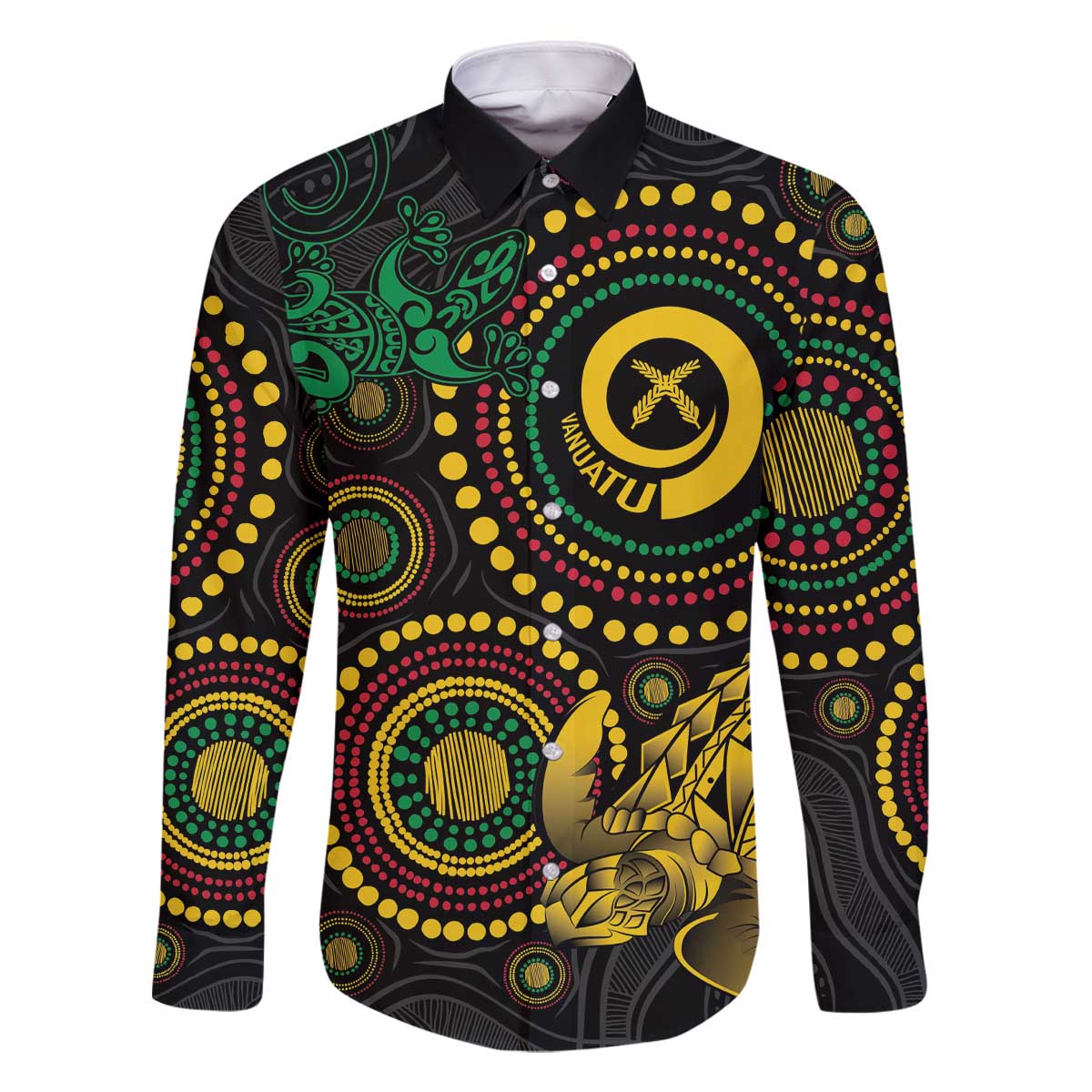 Vanuatu Personalized Aboriginal Arts Family Matching Off The Shoulder Long Sleeve Dress and Hawaiian Shirt Turtle and Iguana Special - Polynesian Pride