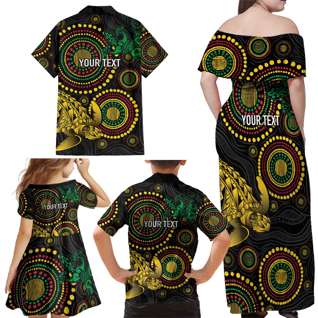 Vanuatu Personalized Aboriginal Arts Family Matching Off Shoulder Maxi Dress and Hawaiian Shirt Turtle and Iguana Special - Polynesian Pride
