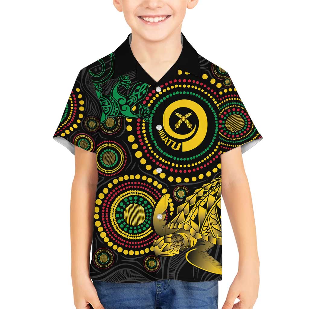 Vanuatu Personalized Aboriginal Arts Family Matching Off Shoulder Short Dress and Hawaiian Shirt Turtle and Iguana Special - Polynesian Pride