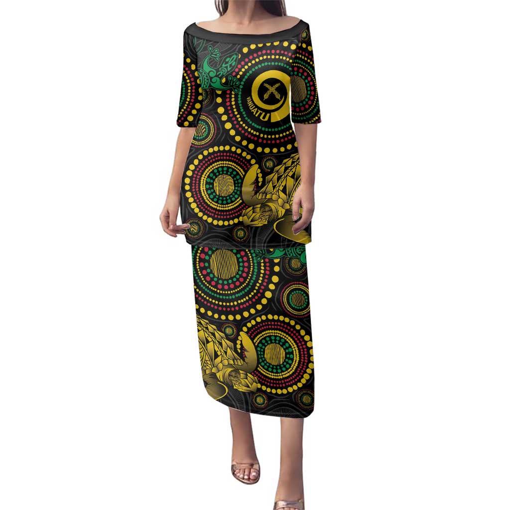 Vanuatu Personalized Aboriginal Arts Family Matching Puletasi and Hawaiian Shirt Turtle and Iguana Special - Polynesian Pride