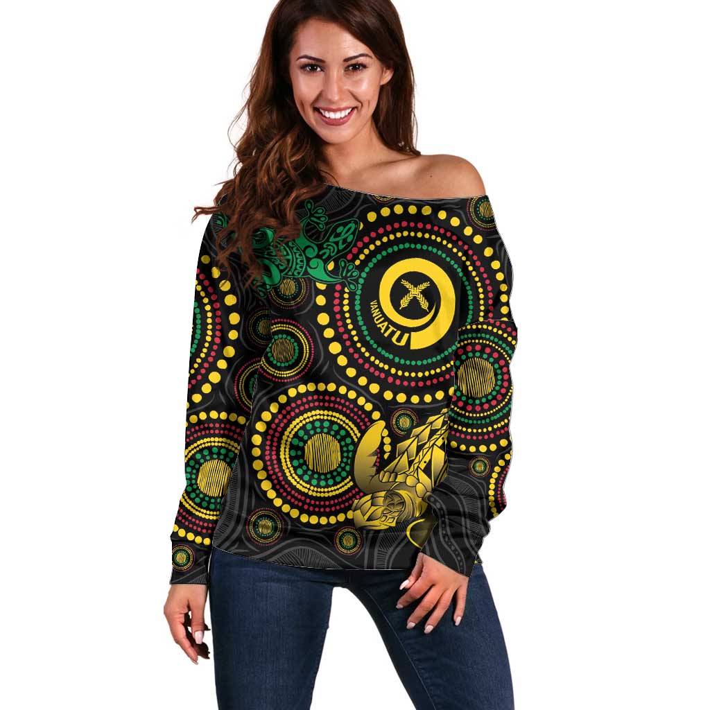 Vanuatu Personalized Aboriginal Arts Off Shoulder Sweater Turtle and Iguana Special - Polynesian Pride