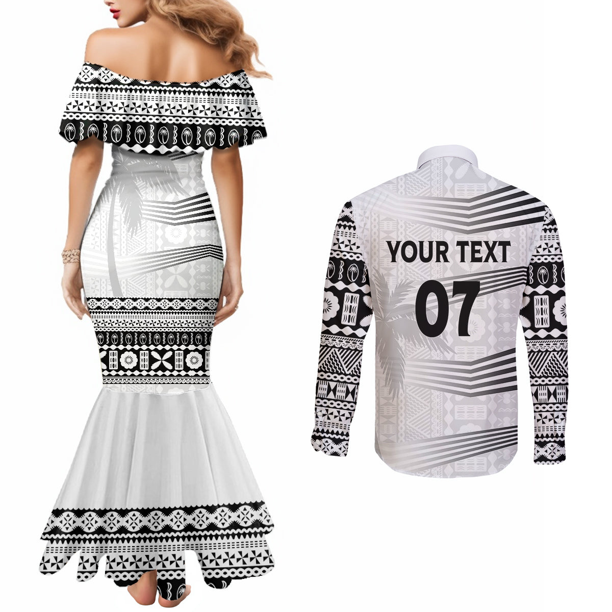 Personalised Fiji Rugby Couples Matching Mermaid Dress and Long Sleeve Button Shirts Kaiviti WC 2023 Jersey Replica - White LT7 - Polynesian Pride