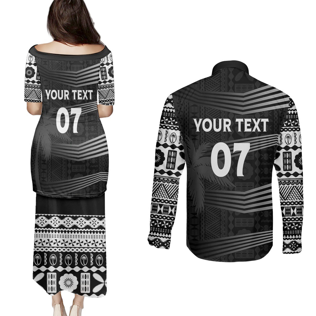 Personalised Fiji Rugby Couples Matching Puletasi Dress and Long Sleeve Button Shirts Kaiviti WC 2023 Jersey Replica - Black LT7 - Polynesian Pride