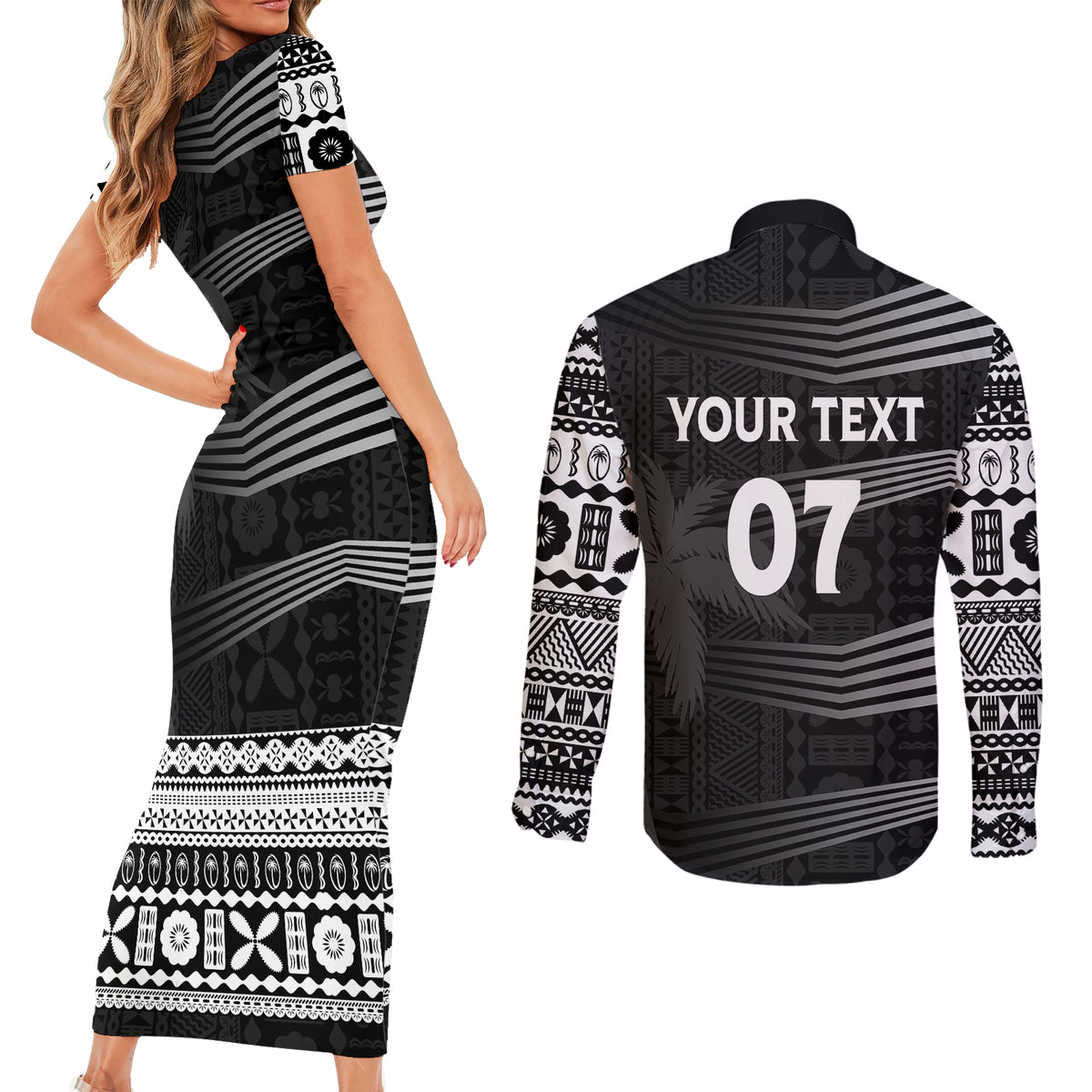 Personalised Fiji Rugby Couples Matching Short Sleeve Bodycon Dress and Long Sleeve Button Shirts Kaiviti WC 2023 Jersey Replica - Black LT7 - Polynesian Pride