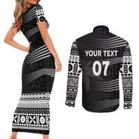 Personalised Fiji Rugby Couples Matching Short Sleeve Bodycon Dress and Long Sleeve Button Shirts Kaiviti WC 2023 Jersey Replica - Black LT7 - Polynesian Pride