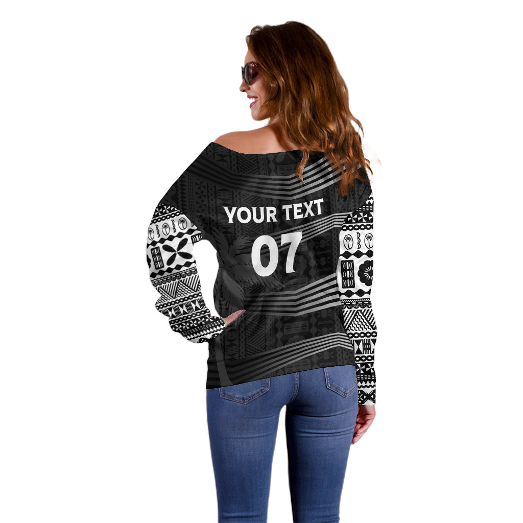 Personalised Fiji Rugby Off Shoulder Sweater Kaiviti WC 2023 Jersey Replica - Black LT7 - Polynesian Pride
