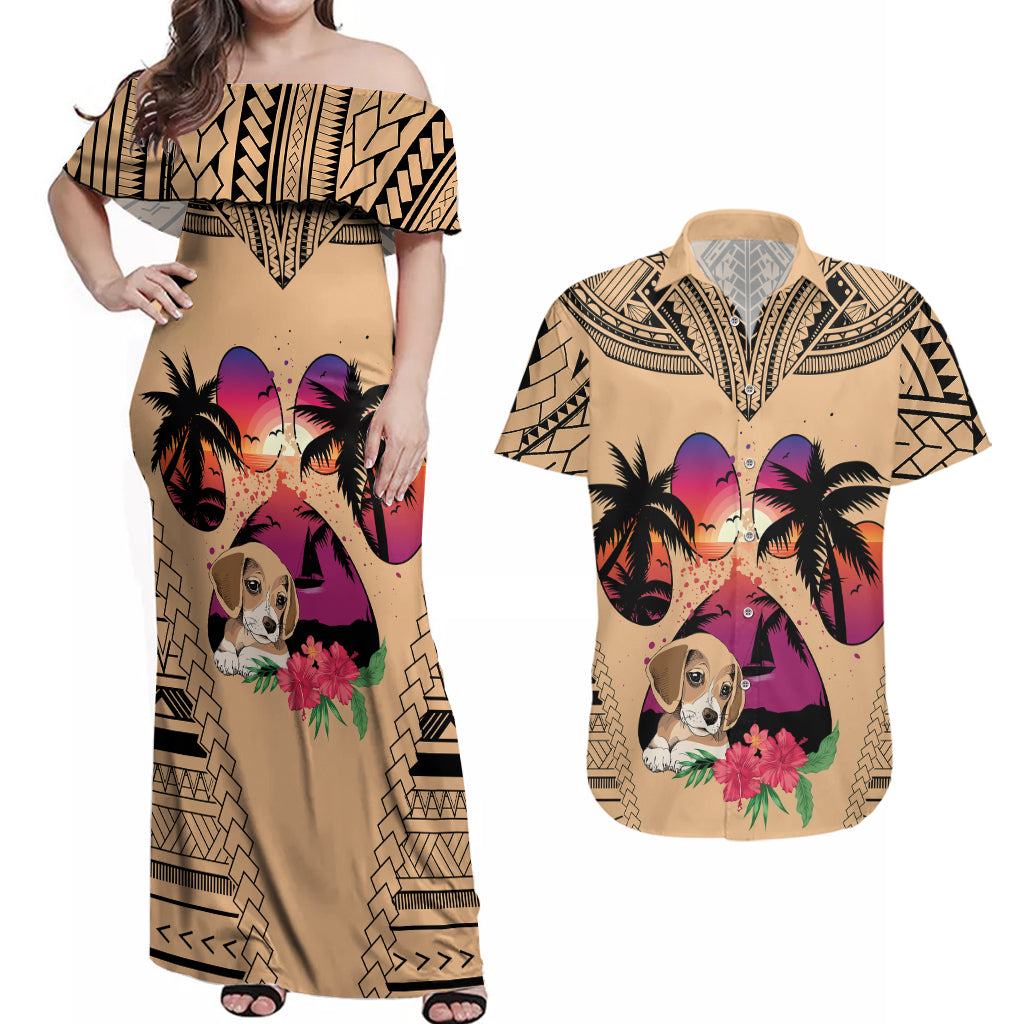 Personalised Polynesian Couples Matching Off Shoulder Maxi Dress and Hawaiian Shirt Dog Lover With Beagle - Sunset At The Beach LT7 Coral - Polynesian Pride