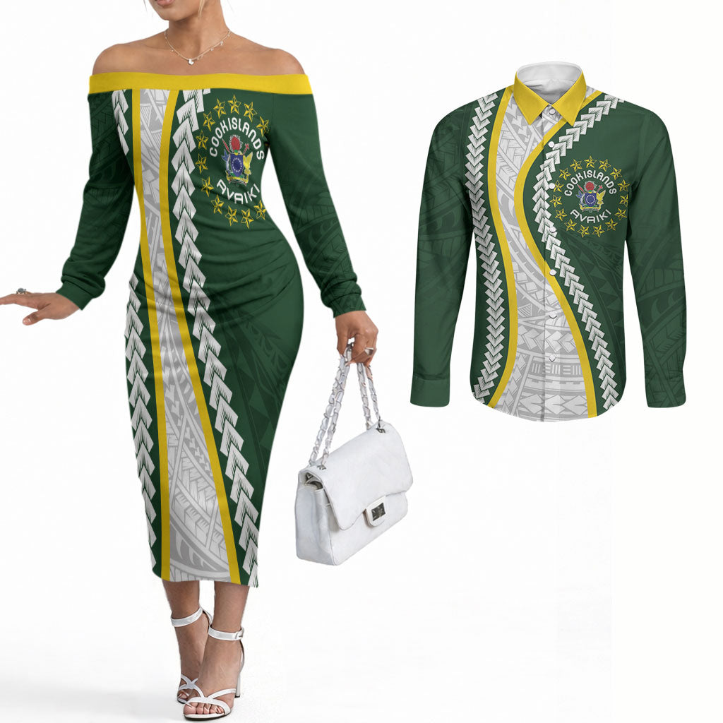 Cook Islands Rugby Personalized Avaiki Couples Matching Off The Shoulder Long Sleeve Dress and Long Sleeve Button Shirt GO Kuki