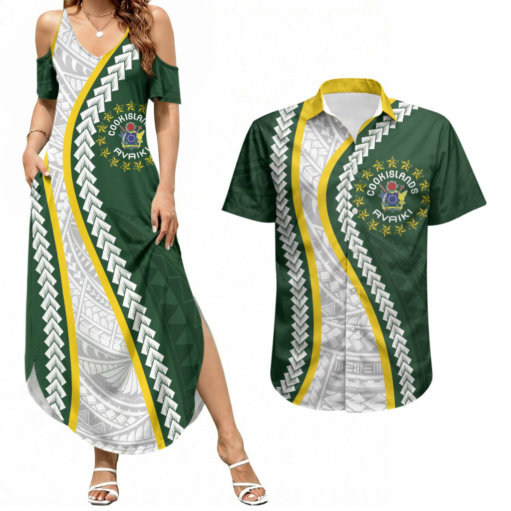 Cook Islands Rugby Personalized Avaiki Couples Matching Summer Maxi Dress and Hawaiian Shirt GO Kuki LT7 Green - Polynesian Pride