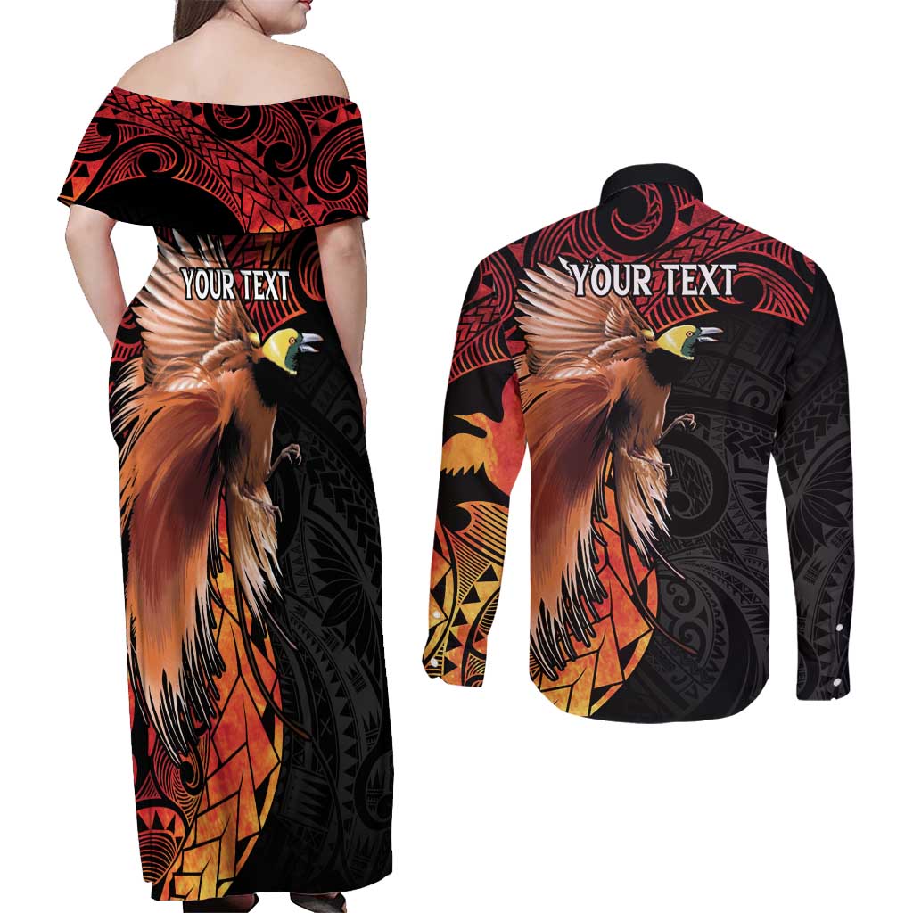 Papua New Guinea Personalised Couples Matching Off Shoulder Maxi Dress and Long Sleeve Button Shirt Grunge Style 49th Independence Anni
