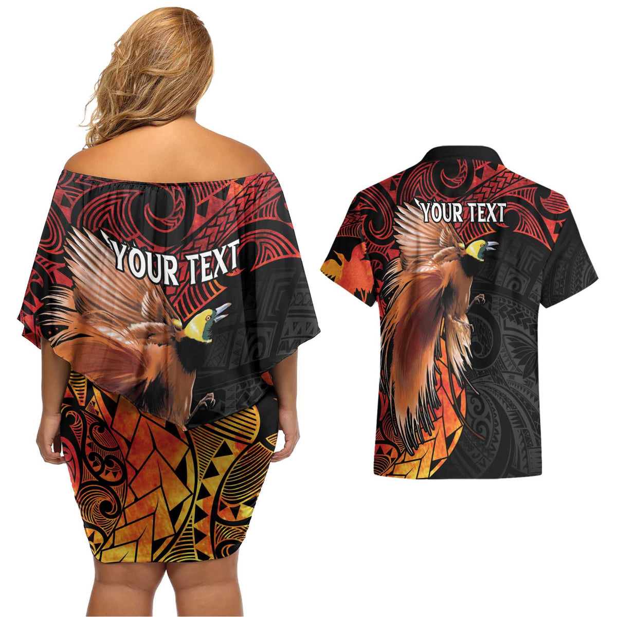 Papua New Guinea Personalised Couples Matching Off Shoulder Short Dress and Hawaiian Shirt Grunge Style 49th Independence Anni