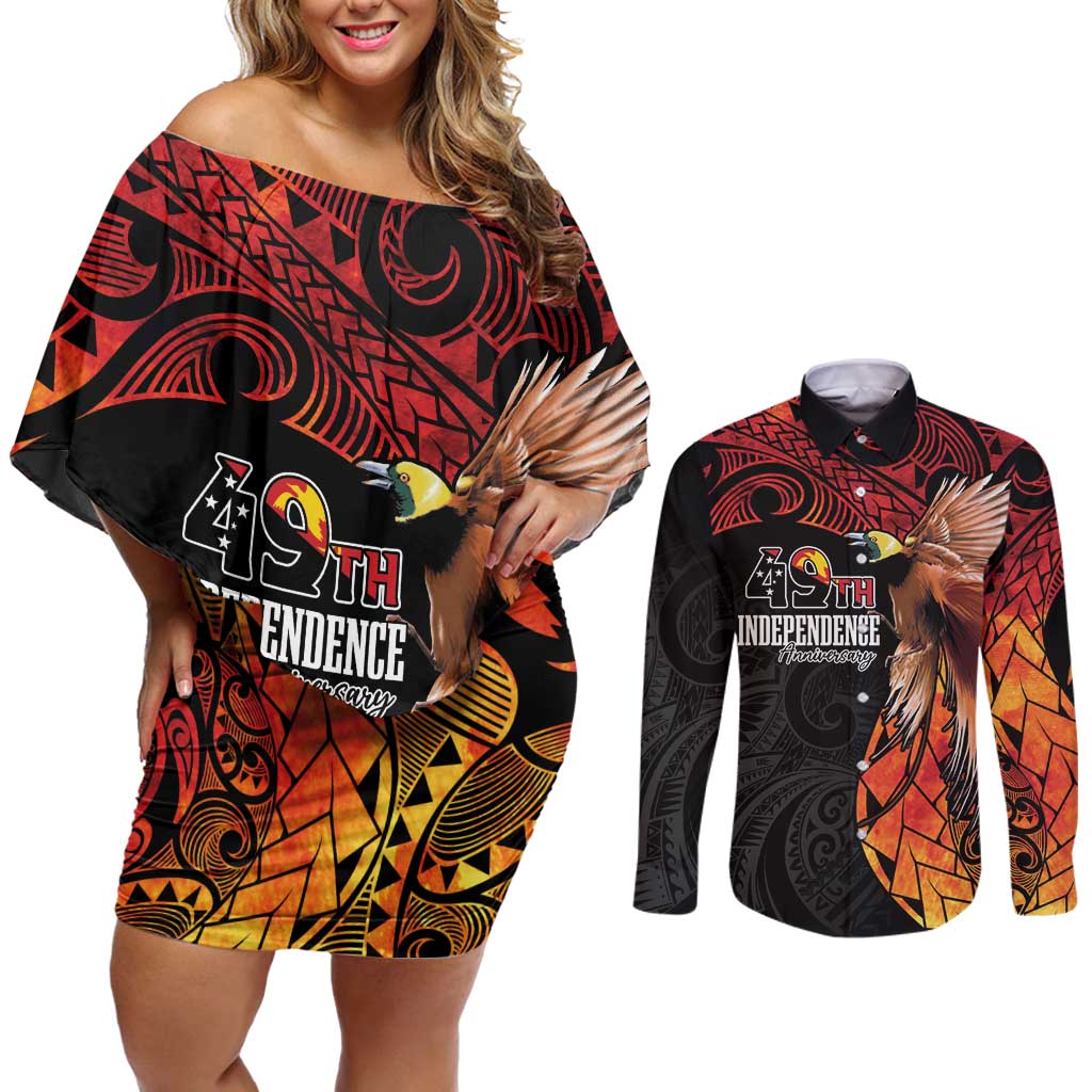 Papua New Guinea Personalised Couples Matching Off Shoulder Short Dress and Long Sleeve Button Shirt Grunge Style 49th Independence Anni