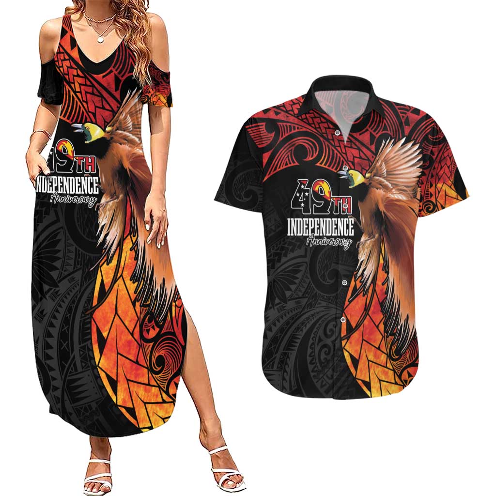 Papua New Guinea Personalised Couples Matching Summer Maxi Dress and Hawaiian Shirt Grunge Style 49th Independence Anni
