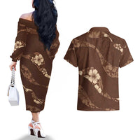 Aloha Hawaii Floral Tapa Couples Matching Off The Shoulder Long Sleeve Dress and Hawaiian Shirt Patchwork Mocha - Polynesian Pride