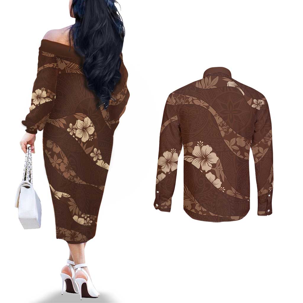 Aloha Hawaii Floral Tapa Couples Matching Off The Shoulder Long Sleeve Dress and Long Sleeve Button Shirt Patchwork Mocha LT7 - Polynesian Pride