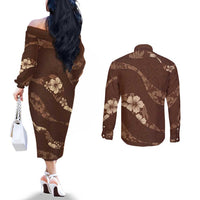 Aloha Hawaii Floral Tapa Couples Matching Off The Shoulder Long Sleeve Dress and Long Sleeve Button Shirt Patchwork Mocha LT7 - Polynesian Pride