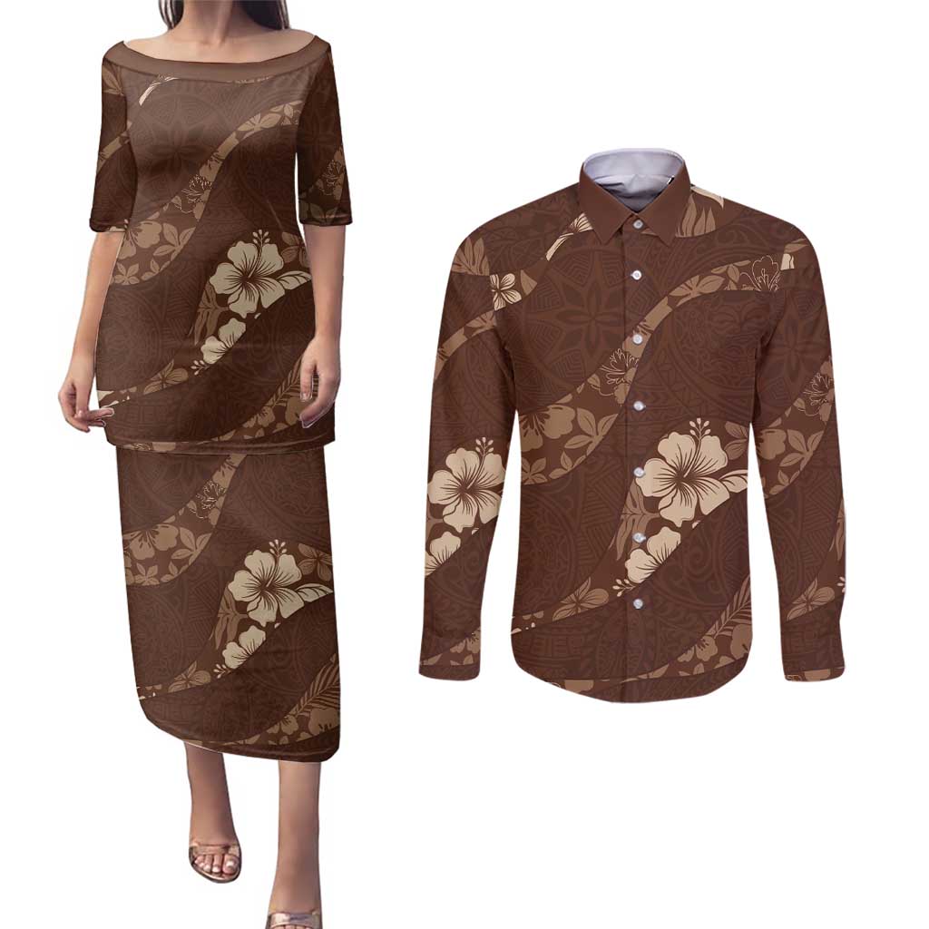 Aloha Hawaii Floral Tapa Couples Matching Puletasi and Long Sleeve Button Shirt Patchwork Mocha - Polynesian Pride