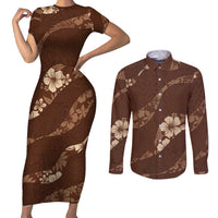 Aloha Hawaii Floral Tapa Couples Matching Short Sleeve Bodycon Dress and Long Sleeve Button Shirt Patchwork Mocha LT7 Mocha - Polynesian Pride