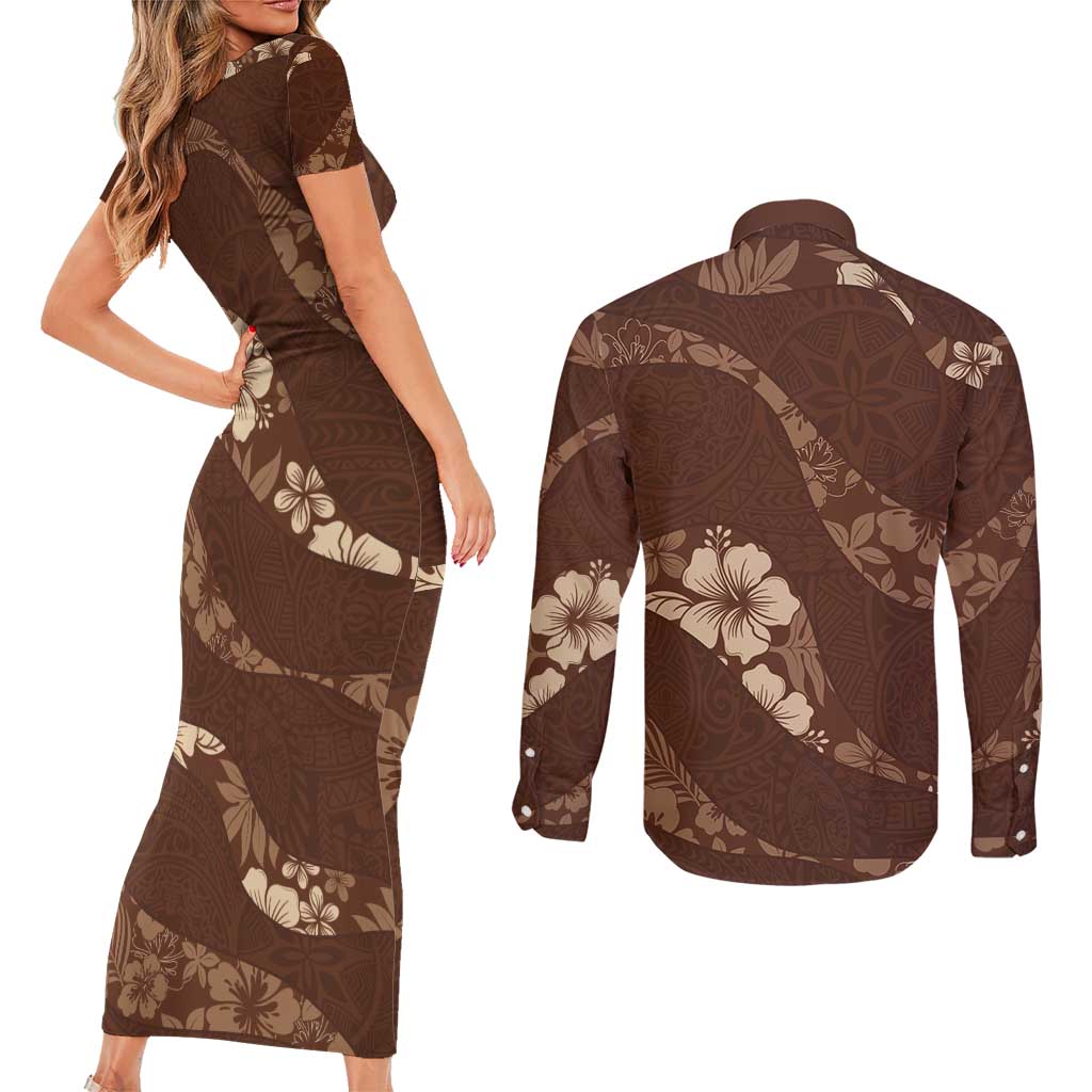 Aloha Hawaii Floral Tapa Couples Matching Short Sleeve Bodycon Dress and Long Sleeve Button Shirt Patchwork Mocha LT7 - Polynesian Pride