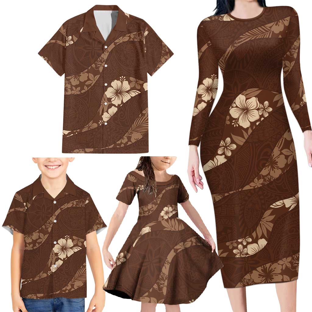 Aloha Hawaii Floral Tapa Family Matching Long Sleeve Bodycon Dress and Hawaiian Shirt Patchwork Mocha LT7 - Polynesian Pride