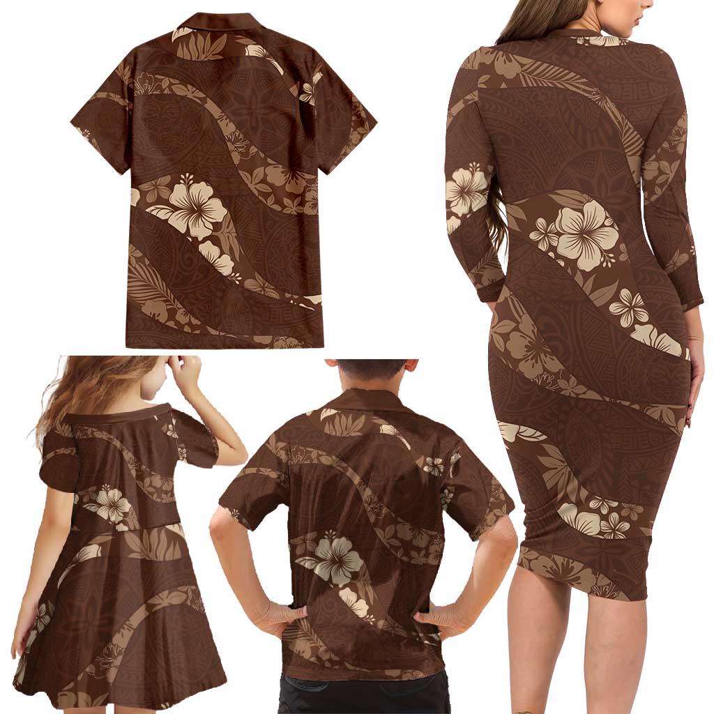Aloha Hawaii Floral Tapa Family Matching Long Sleeve Bodycon Dress and Hawaiian Shirt Patchwork Mocha LT7 - Polynesian Pride