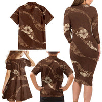 Aloha Hawaii Floral Tapa Family Matching Long Sleeve Bodycon Dress and Hawaiian Shirt Patchwork Mocha LT7 - Polynesian Pride