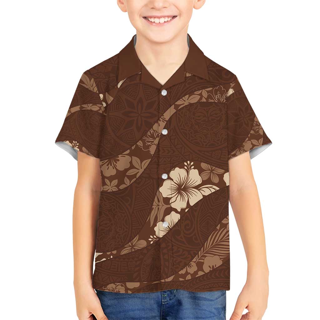 Aloha Hawaii Floral Tapa Family Matching Long Sleeve Bodycon Dress and Hawaiian Shirt Patchwork Mocha LT7 Son's Shirt Mocha - Polynesian Pride