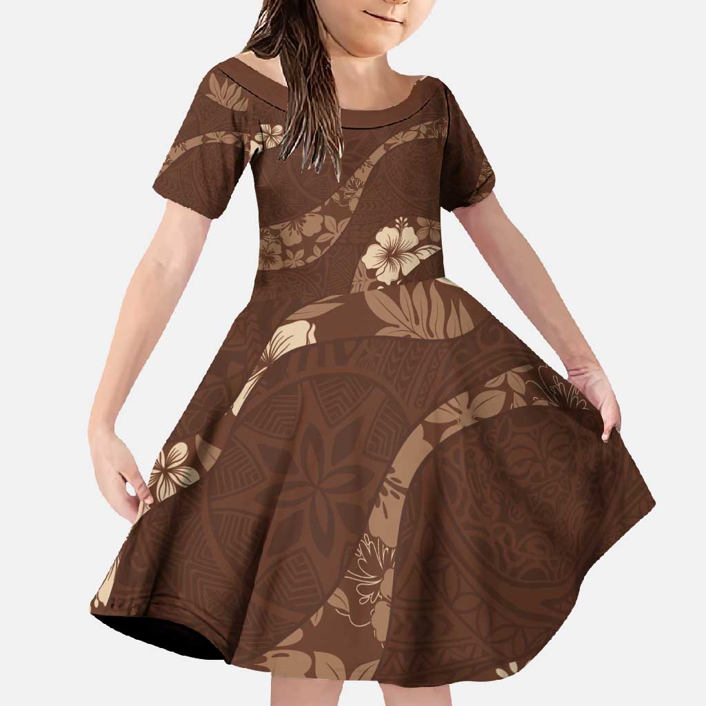 Aloha Hawaii Floral Tapa Family Matching Short Sleeve Bodycon Dress and Hawaiian Shirt Patchwork Mocha LT7 Daughter's Dress Mocha - Polynesian Pride