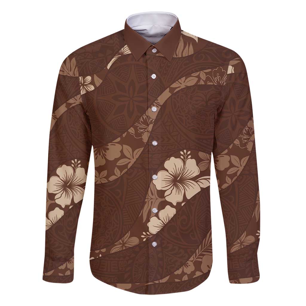 Aloha Hawaii Floral Tapa Family Matching Short Sleeve Bodycon Dress and Hawaiian Shirt Patchwork Mocha LT7 Dad's Shirt - Long Sleeve Mocha - Polynesian Pride