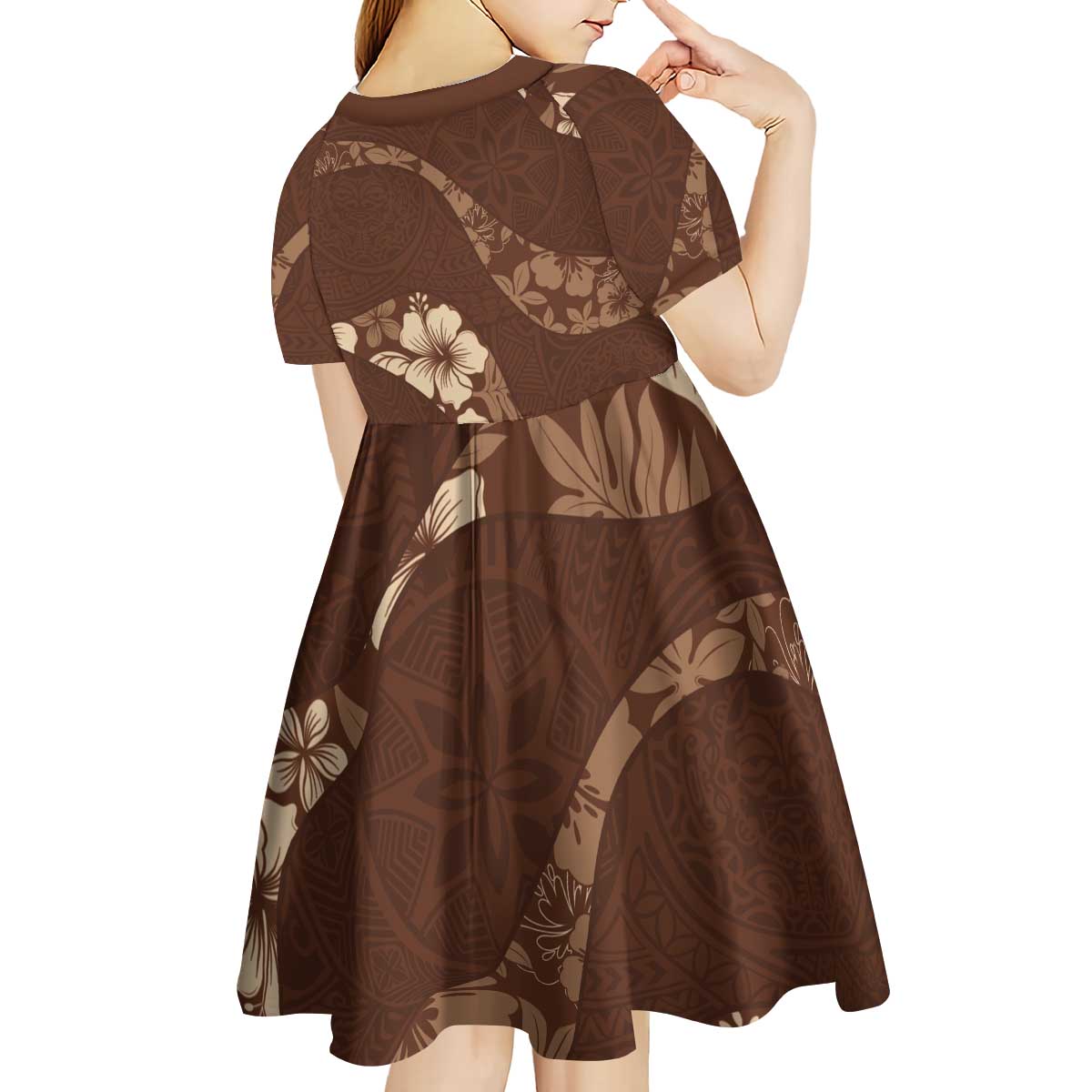 Aloha Hawaii Floral Tapa Kid Short Sleeve Dress Patchwork Mocha - Polynesian Pride