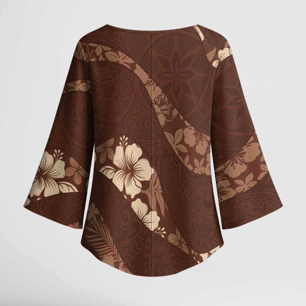 Aloha Hawaii Floral Tapa Kimono Sleeve Blouse Patchwork Mocha - Polynesian Pride