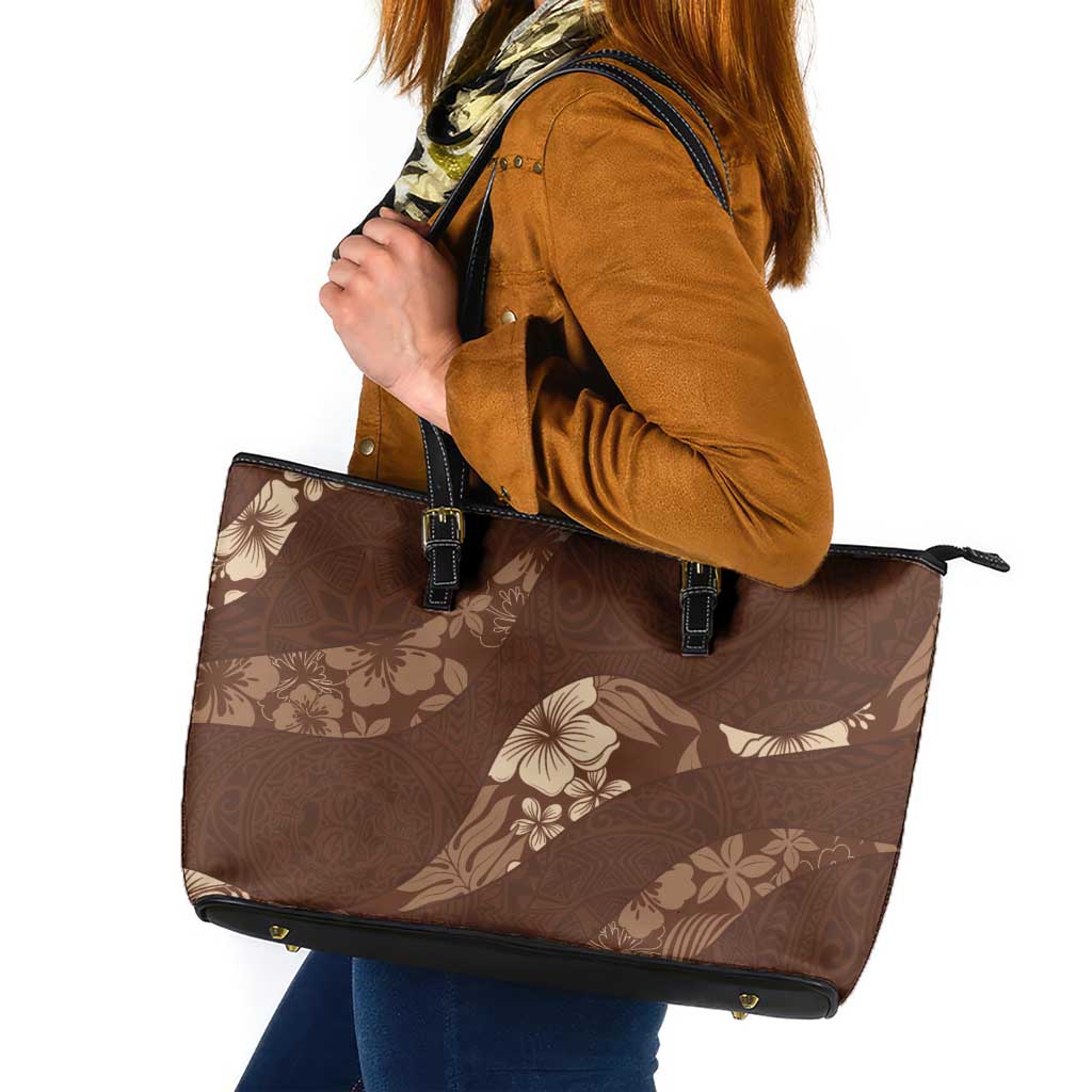 Aloha Hawaii Floral Tapa Leather Tote Bag Patchwork Mocha LT7 Mocha - Polynesian Pride
