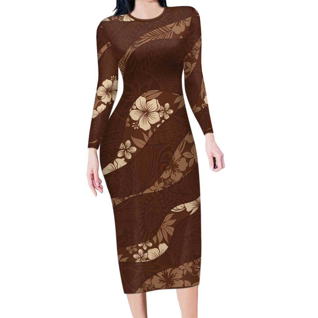 Aloha Hawaii Floral Tapa Long Sleeve Bodycon Dress Patchwork Mocha - Polynesian Pride