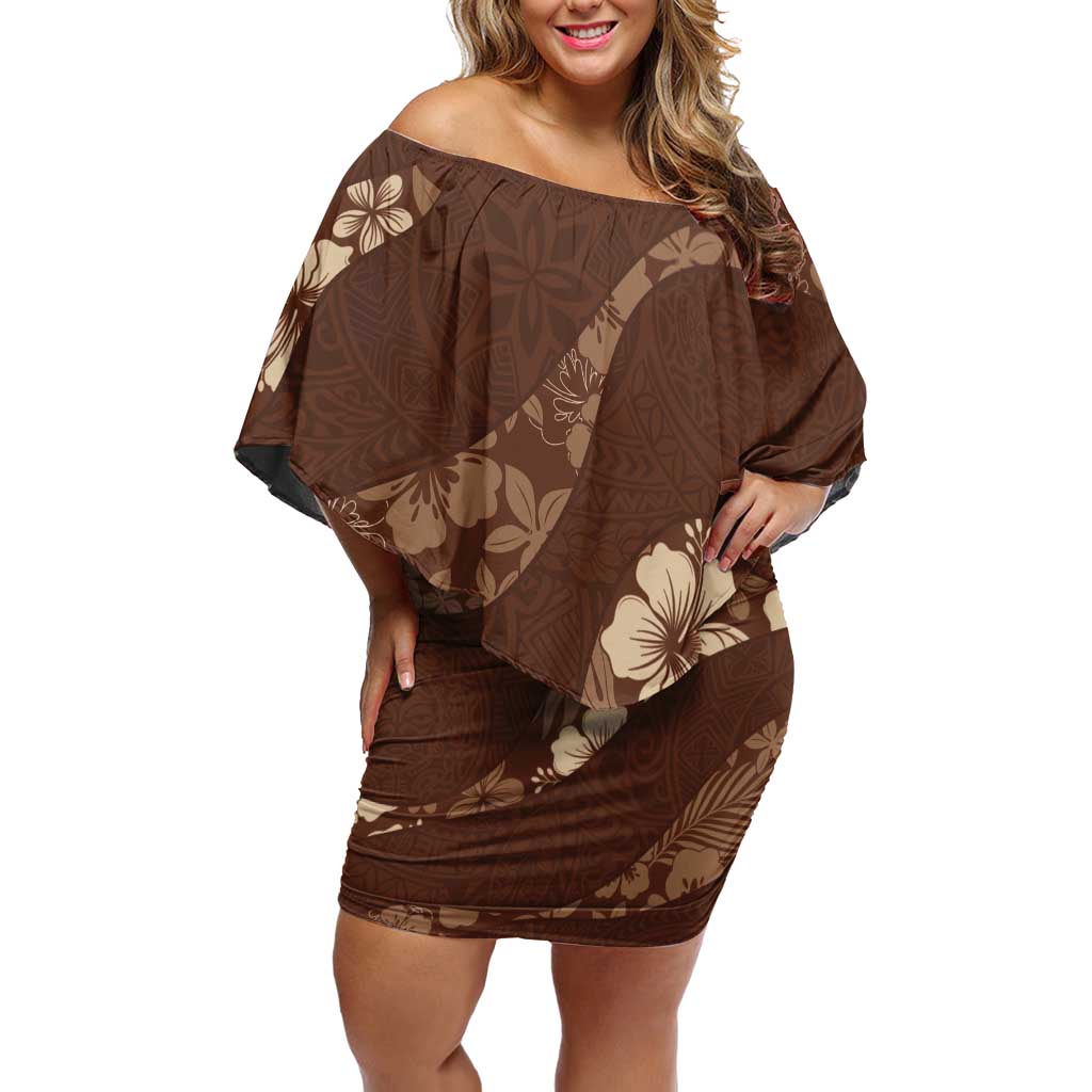 Aloha Hawaii Floral Tapa Off Shoulder Short Dress Patchwork Mocha - Polynesian Pride